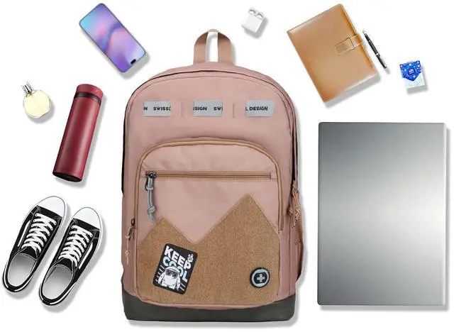 Alt view image 3 of 5 - Swissdigital Design Cool Backpack, Stylish School Laptop Backpack with Fun Personalized Patches Fits 16 Inch Notebook, Travel Bag Pefect for Boys & Girls, Mocha Brown| BERIKON - Includes 3 Patches