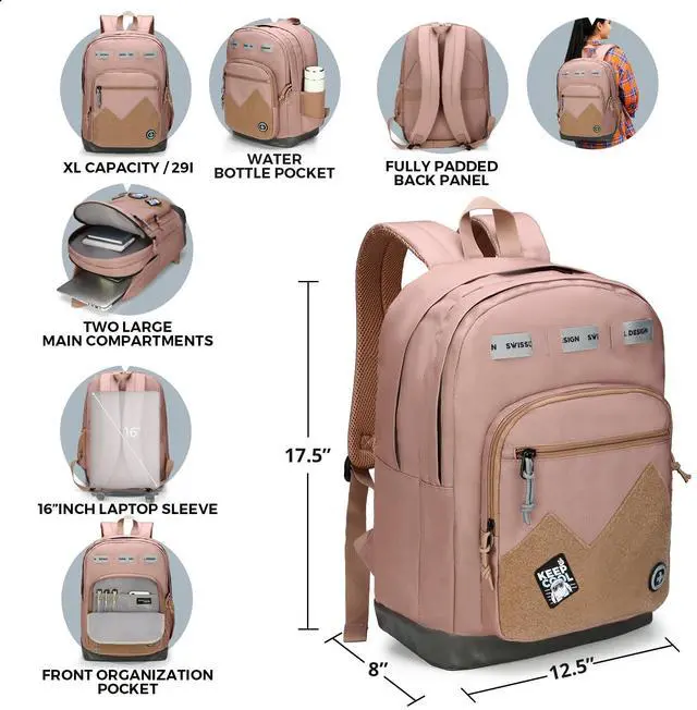 Alt view image 5 of 5 - Swissdigital Design Cool Backpack, Stylish School Laptop Backpack with Fun Personalized Patches Fits 16 Inch Notebook, Travel Bag Pefect for Boys & Girls, Mocha Brown| BERIKON - Includes 3 Patches