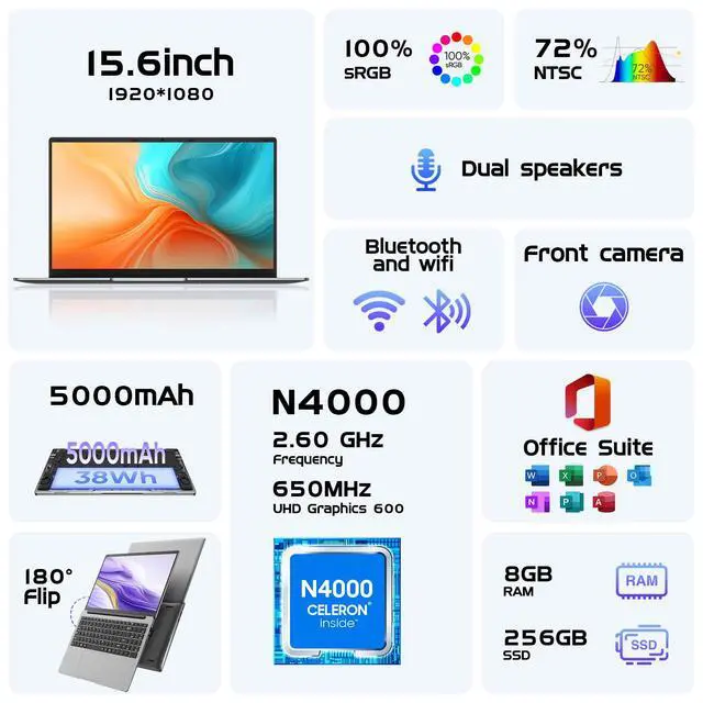 Alt view image 2 of 5 - HYPERSTRIX Laptop Computer 15.6" Win11 Pro Laptops 8GB RAM 256GB SSD,Ms Office 365, 100% sRGB Screen, N4000 Processor, Notebook, Dual Band WiFi5, BT4.2, USB-A, HDMI,FHD 1920 * 1080 Display,Silver