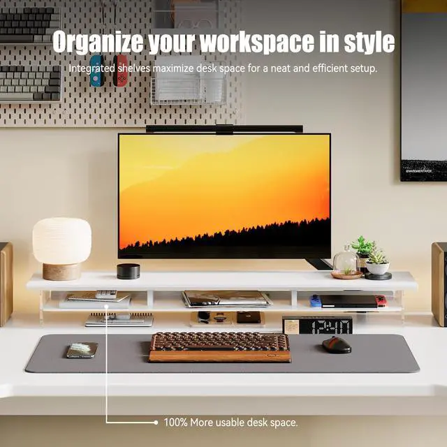 Alt view image 3 of 5 - FENSULN DualTier Monitor Stand for Modern Desk Setup  Minimalist Wooden and Metal Riser Shelf with Transparent Acrylic Feet for Dual Monitors, Laptops, Home Office AestheticWhite