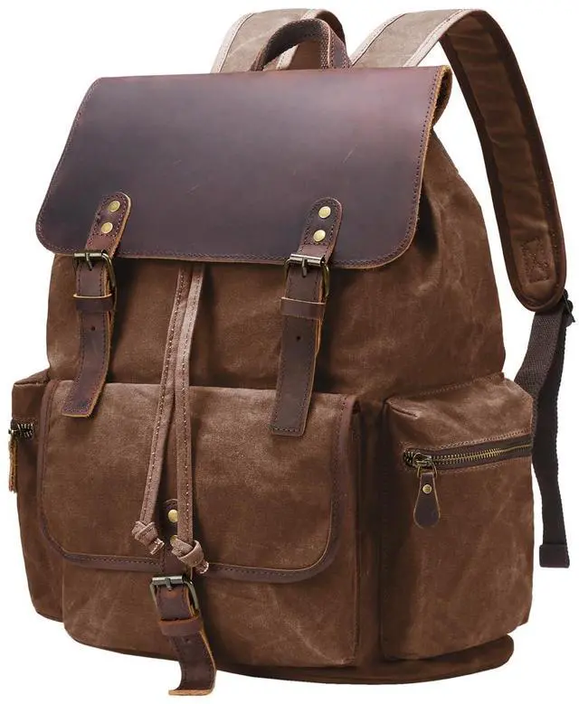Main image of NEHOR Vintage Waxed Canvas Backpack Casual Genuine Leather Laptop Rucksack Shoulder DayPack for Travel/Hiking/School