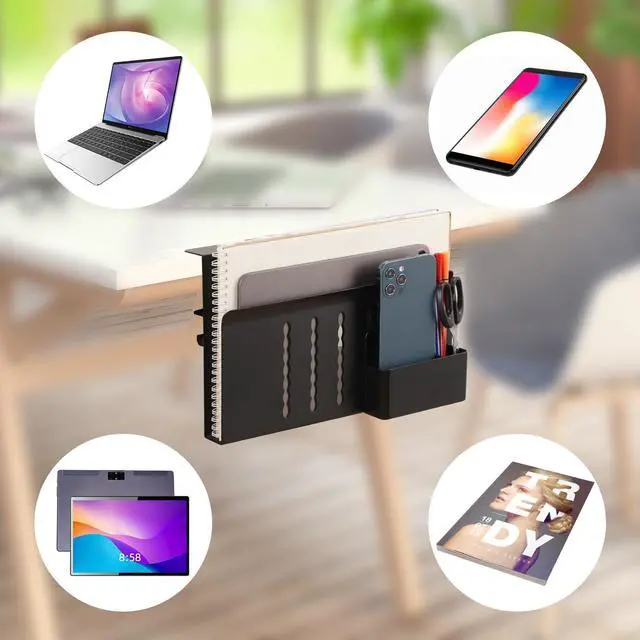 Alt view image 4 of 5 - CIBOTIES Desk Side Storage, Under Desk Laptop Mount, Table Side Hanging File Organizer, No Drill Clamp On Cable Management Tray, Laptop Holder with Magnetic Pen Holder for Office and Home(Black)