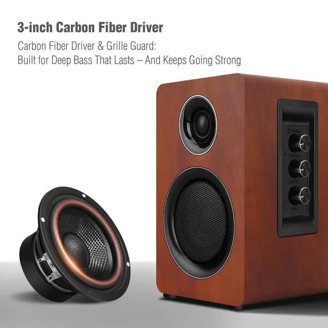 Alt view image 2 of 5 - Computer Speakers for Desktop PC, Active Bookshelf Speaker with 3 Carbon Fiber Woofer and Silk Film Tweeter ,Supports Bluetooth 5.3, USB-C, AUX/RCA Input for Record Player TV - Brown Stereo Set