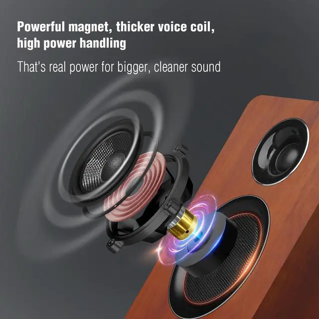 Alt view image 3 of 5 - Computer Speakers for Desktop PC, Active Bookshelf Speaker with 3 Carbon Fiber Woofer and Silk Film Tweeter ,Supports Bluetooth 5.3, USB-C, AUX/RCA Input for Record Player TV - Brown Stereo Set