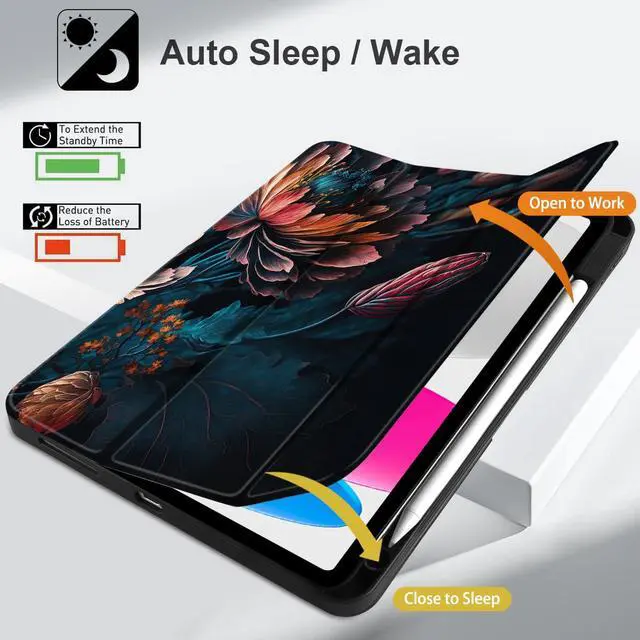 Alt view image 3 of 5 - MEEgoodo Case for iPad A16 11th Generation 11 inch 2025/iPad 10th Generation 10.9 inch 2022, Tablet Cover with Trifold Stand + Pencil Holder + Auto Wake/Sleep + Soft TPU Back Cover, Bunch Flowers