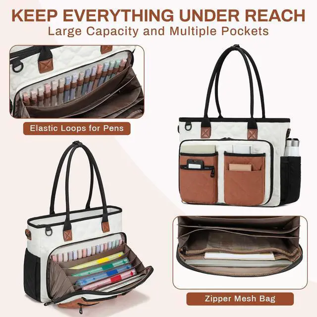 Alt view image 3 of 5 - Teacher Tote Bag for Women, Large Teacher Work Bag with Accordion File Organizer Pocket, 15.6 inch Laptop Briefcase for Office, College, Nursing, Brown