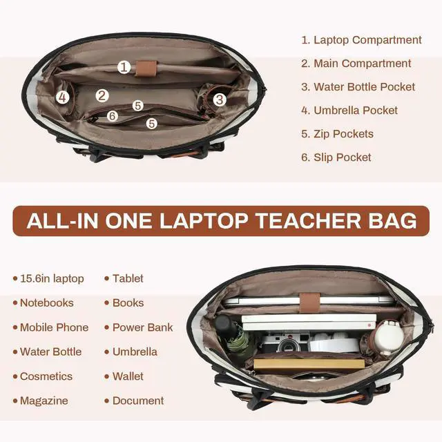 Alt view image 4 of 5 - Teacher Tote Bag for Women, Large Teacher Work Bag with Accordion File Organizer Pocket, 15.6 inch Laptop Briefcase for Office, College, Nursing, Brown