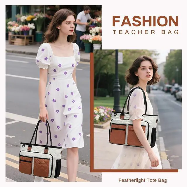 Alt view image 2 of 5 - Teacher Tote Bag for Women, Large Teacher Work Bag with Accordion File Organizer Pocket, 15.6 inch Laptop Briefcase for Office, College, Nursing, Brown