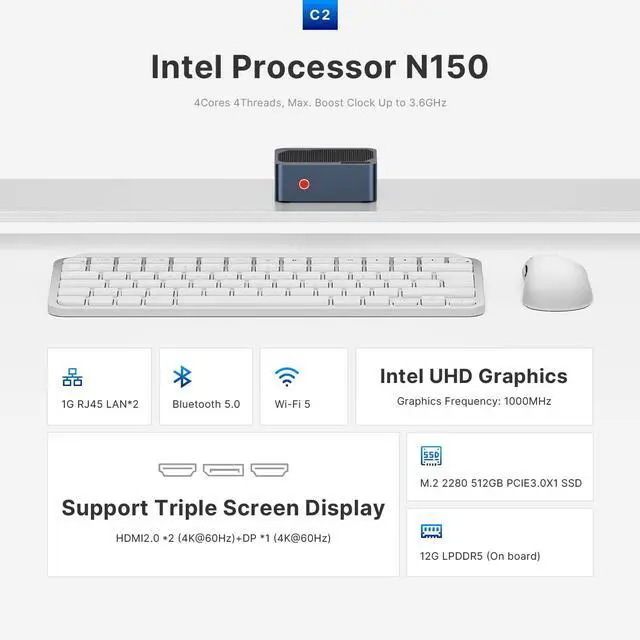 Alt view image 2 of 5 - origimagic Dual 1G LAN Mini PC Intel N150 3.6GHz, 12GB LPDDR5 512GB NVMe SSD, 4K Triple Displays (HDMI x2, DP), Wi-Fi 5, BT 5.0, Micro PC for Firewall, NAS, Home Server, Desktop Computers, Office
