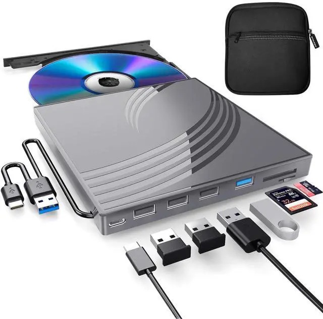 Main image of External CD/DVD Drive for Laptop, Ultra Slim CD Burner USB 3.0 Hub with 4 USB Ports, 2 TF/SD Card Slots, 1 Type-C Port, Laptop DVD Player with Case(Gray)
