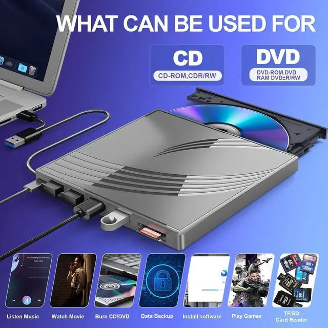 Alt view image 2 of 5 - External CD/DVD Drive for Laptop, Ultra Slim CD Burner USB 3.0 Hub with 4 USB Ports, 2 TF/SD Card Slots, 1 Type-C Port, Laptop DVD Player with Case(Gray)