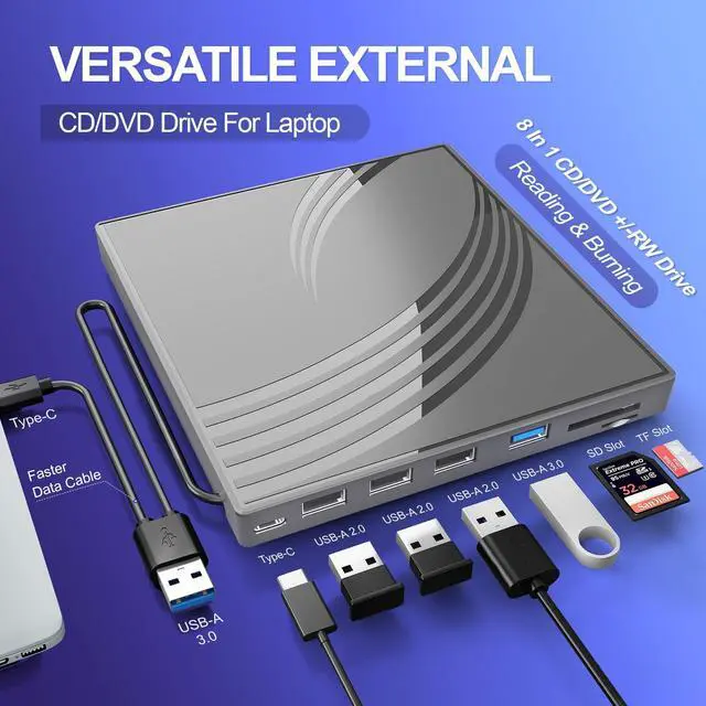 Alt view image 4 of 5 - External CD/DVD Drive for Laptop, Ultra Slim CD Burner USB 3.0 Hub with 4 USB Ports, 2 TF/SD Card Slots, 1 Type-C Port, Laptop DVD Player with Case(Gray)