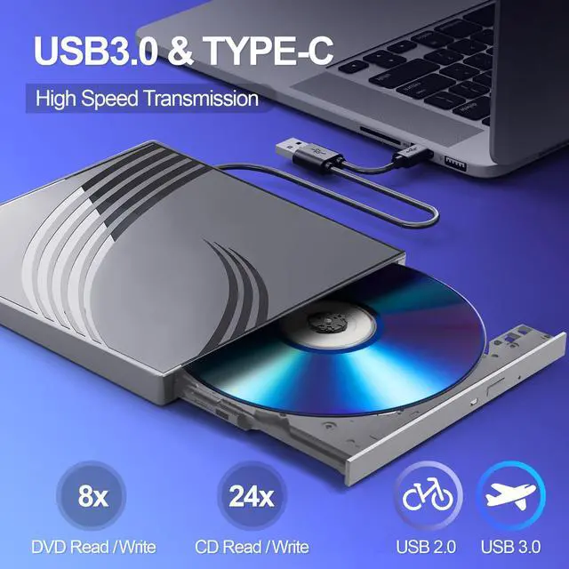 Alt view image 5 of 5 - External CD/DVD Drive for Laptop, Ultra Slim CD Burner USB 3.0 Hub with 4 USB Ports, 2 TF/SD Card Slots, 1 Type-C Port, Laptop DVD Player with Case(Gray)