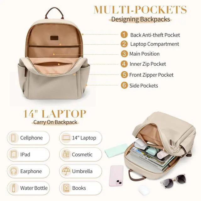 Alt view image 4 of 5 - GOLF SUPAGS Stylish Laptop Backpack for Women Computer Bag Fits 14 Inch Notebook Travel College Work Backpacks Purse (Apricot)