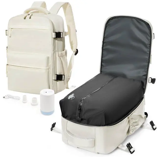 Main image of Vacuum Travel Backpack with Pump for Women,Personal Item Carry on Backpacks Flight Approved 18x14x8 inches for Men,Laptop Waterproof Work Compression bags Casual Daypack Beige.