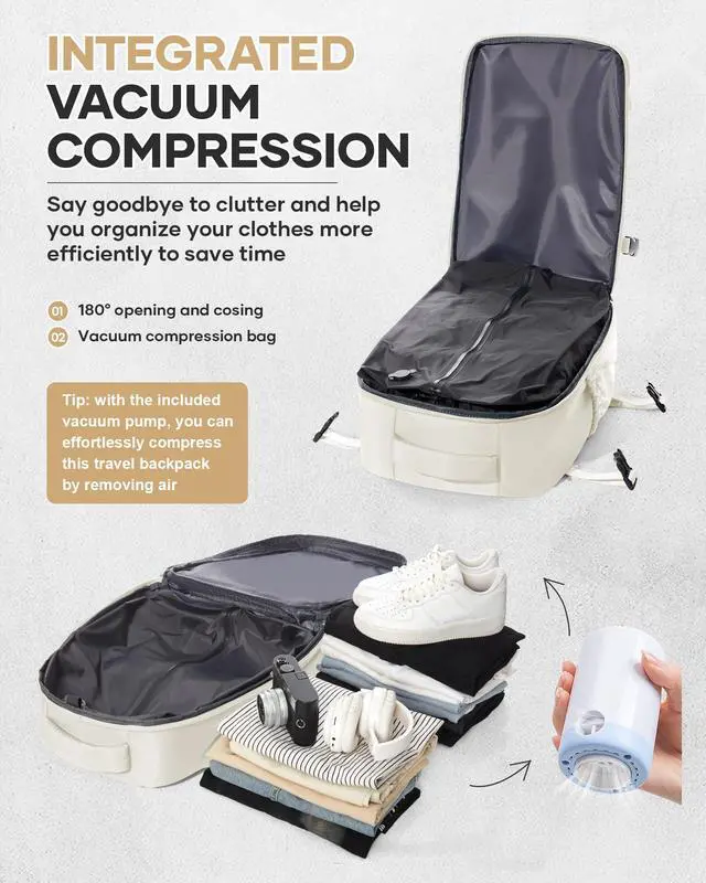 Alt view image 4 of 5 - Vacuum Travel Backpack with Pump for Women,Personal Item Carry on Backpacks Flight Approved 18x14x8 inches for Men,Laptop Waterproof Work Compression bags Casual Daypack Beige.