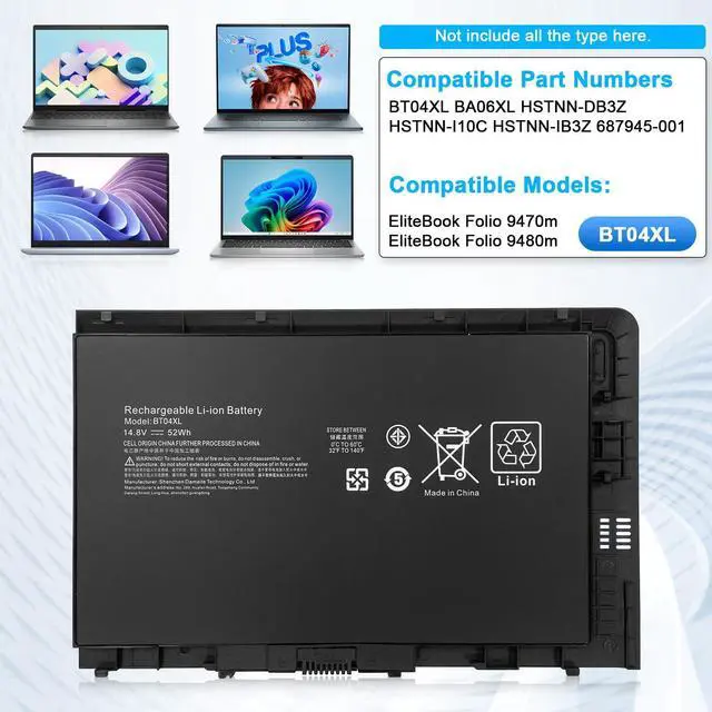 Alt view image 2 of 5 - BT04XL Lithium-ion Notebook Battery for HP EliteBook Mu06 Ti04 Series - 14.8V 52Wh, Compatible with BT04 BA06 HSTNN-IB3Z 687945-001 & More Models