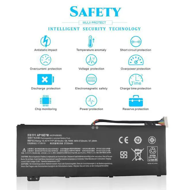Alt view image 3 of 5 - AP18E7M AP18E8M Laptop Battery for Nitro 5 AN515-54 AN517-51 AN515-55 AN515-44 AN515-43 Nitro 7 AN715-51 Predator Helios 300 PH315-52 PH317-52 PH317-53 Aspire 7 A715-74G Triton 300 PC Notebook.