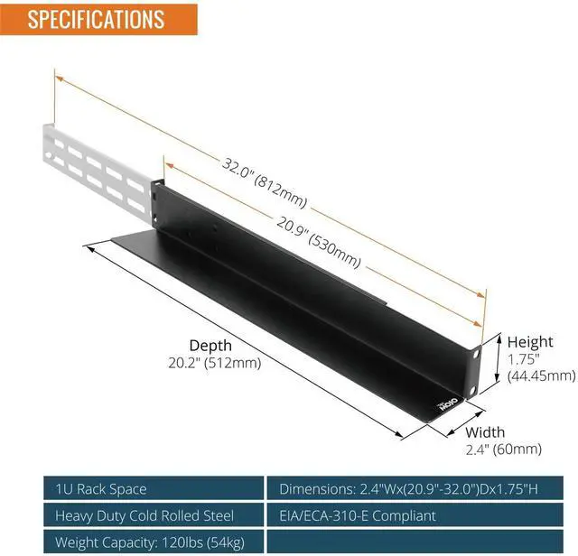 Alt view image 2 of 5 - Tecmojo 2 Pack 1U Universal Rack Mount Rails,4-Post Server Rack Shelf Rail with 20.9"-32" Adjustable Depth Fit for Non-Rack Mountable Server/Networking/AV/IT Equipment