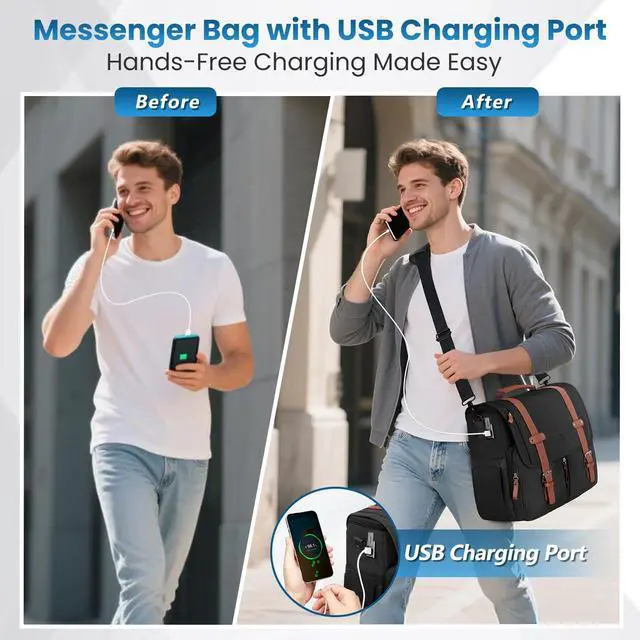 Alt view image 2 of 5 - MATEIN Messenger Bag with USB Charging Port, 15.6 inch Laptop Bags Large Mens Briefcase with Shoulder Strap, Water Resistant Crossbody Satchel Work Computer Case for College Office Commuting, Black