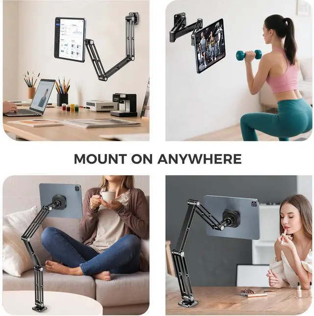 Alt view image 3 of 5 - OHLPRO Magnetic Tablet Wall Mount iPad Aluminum Holder - 360° Adjustable & Extendable 3-Stage Metal Arm, Universal Heavy Duty Metal Stand for Kitchen, Office, Bedroom