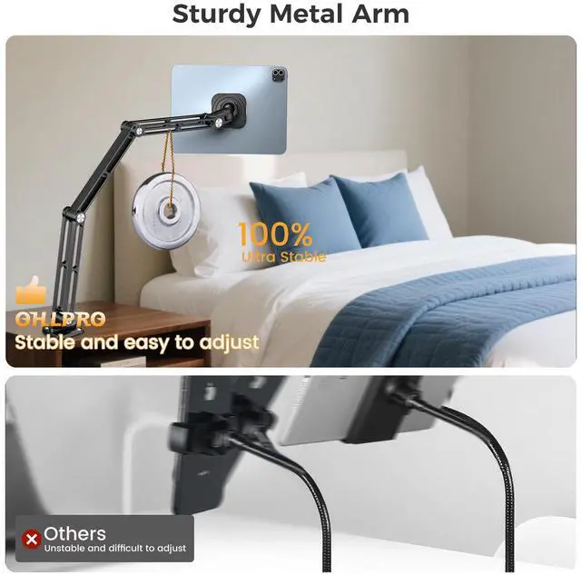 Alt view image 4 of 5 - OHLPRO Magnetic Tablet Wall Mount iPad Aluminum Holder - 360° Adjustable & Extendable 3-Stage Metal Arm, Universal Heavy Duty Metal Stand for Kitchen, Office, Bedroom