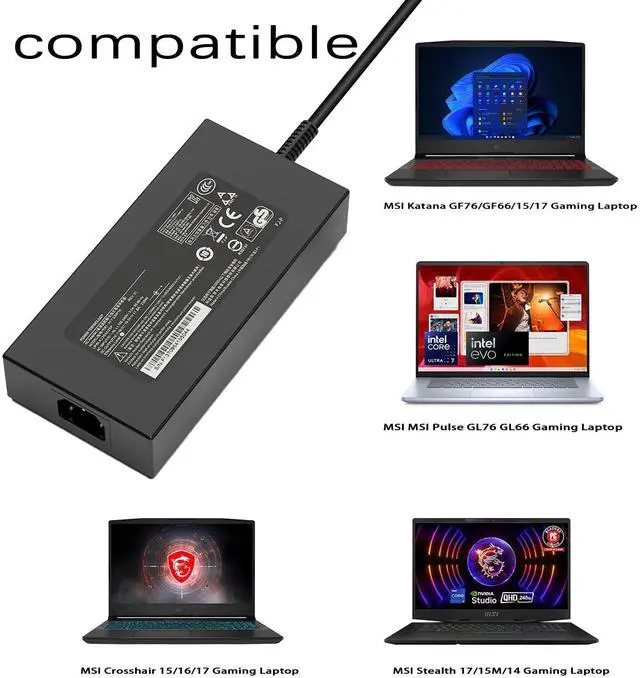 Alt view image 4 of 5 - 240W 200W AC Charger for MSI Katana 15/17 B12V B12VFK B12VGK B12VEK B13V B13VF B13VGK B13VEK B13VGK-484US B13VEK-277US B13VFK-817US GF66 GF76 12UE 12UGS 12UG 12UE GL66 GL76 12UGK 12UEK Gaming Laptop