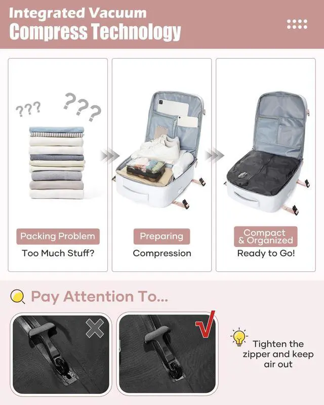 Alt view image 3 of 5 - suradar Vacuum Seal Travel Backpack with Pump Air Vacpack Carry On Backpack for Travel With Vacuum System Approved Personal Item Compression Back Pack Space Saver Bags Storage Laptop Backpacks Grey