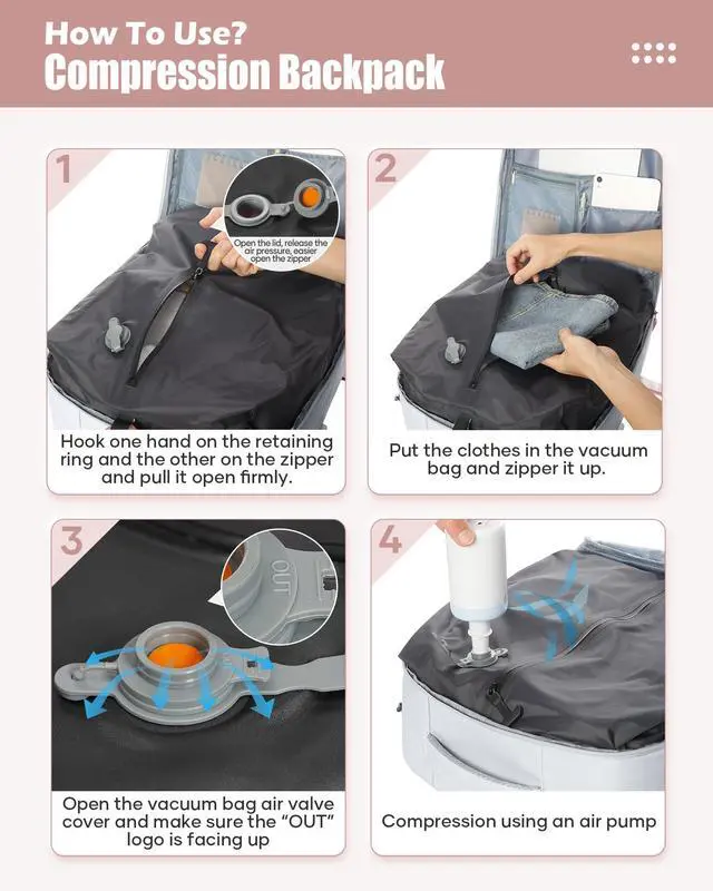 Alt view image 4 of 5 - suradar Vacuum Seal Travel Backpack with Pump Air Vacpack Carry On Backpack for Travel With Vacuum System Approved Personal Item Compression Back Pack Space Saver Bags Storage Laptop Backpacks Grey