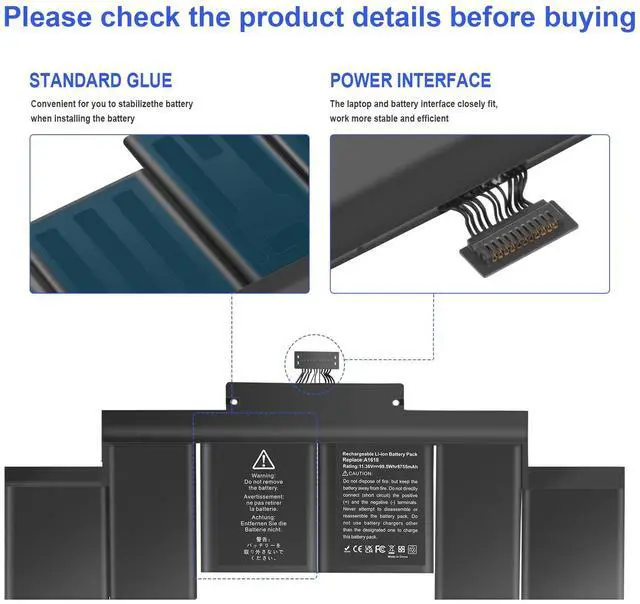 Alt view image 5 of 5 - ASUNCELL A1398 Laptop Battery Replacement, EMC 2745 2881 2909 2910, fits A1494 A1618, Compatible with MacBook Pro 15 inch Retina (Late 2013 Mid 2014 Early 2015) [11.36V/99.5Wh]