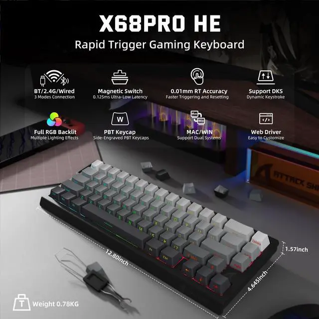 Alt view image 2 of 5 - ATTACK SHARK X68HE PRO Rapid Trigger Wireless Gaming Keyboard and X11 Mouse, 8K Polling Rate,Hall Effect Magnetic Switch Keyboard, Tri-Mode Mouse with Magnetic Charging Dock, 22000 DPI for PC Mac