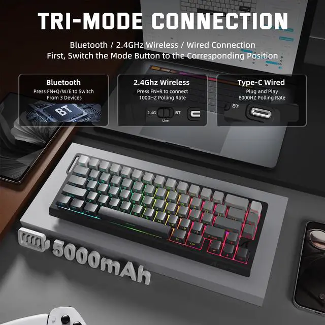 Alt view image 4 of 5 - ATTACK SHARK X68HE PRO Rapid Trigger Wireless Gaming Keyboard and X11 Mouse, 8K Polling Rate,Hall Effect Magnetic Switch Keyboard, Tri-Mode Mouse with Magnetic Charging Dock, 22000 DPI for PC Mac