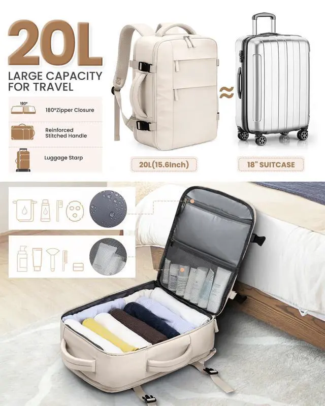 Alt view image 3 of 5 - Pritent Travel Backpack for Women Man, Waterproof Personal Item Travel Bag Airline Approved Laptop Backpack Bookbag Weekender bags for Business,Travel, Work Fits 15.6 inch Laptop(Medium,Beige)