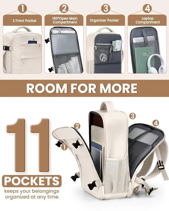 Alt view image 4 of 5 - Pritent Travel Backpack for Women Man, Waterproof Personal Item Travel Bag Airline Approved Laptop Backpack Bookbag Weekender bags for Business,Travel, Work Fits 15.6 inch Laptop(Medium,Beige)