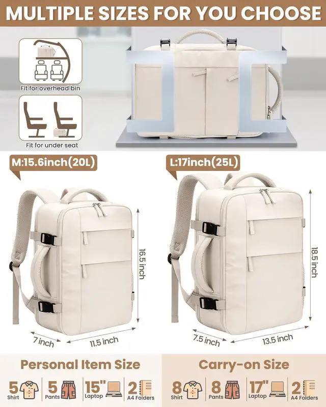 Alt view image 5 of 5 - Pritent Travel Backpack for Women Man, Waterproof Personal Item Travel Bag Airline Approved Laptop Backpack Bookbag Weekender bags for Business,Travel, Work Fits 15.6 inch Laptop(Medium,Beige)