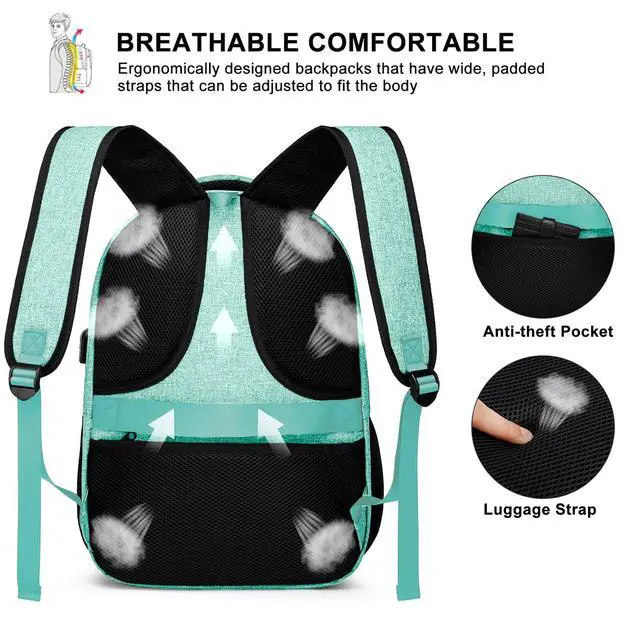 Alt view image 5 of 5 - Teen Girls School Backpack with USB Port - 15.6 Inch Water Resistant Laptop Backpack, Lightweight Sturdy Bookbag for Middle High College Students, Teal