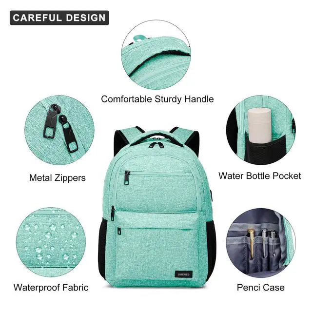 Alt view image 4 of 5 - Teen Girls School Backpack with USB Port - 15.6 Inch Water Resistant Laptop Backpack, Lightweight Sturdy Bookbag for Middle High College Students, Teal