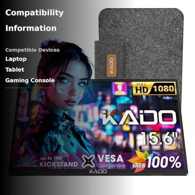 Alt view image 3 of 5 - Kado Portable Monitor 15.6'' 1080p, 100% sRGB USB-C HDMI Gaming Monitor Ultra-Slim Display Built-in Speakers, External Monitor 180° Kickstand Wall/Arm Mount for Laptop PC Phone Mac Xbox PS4/PS5 Switch