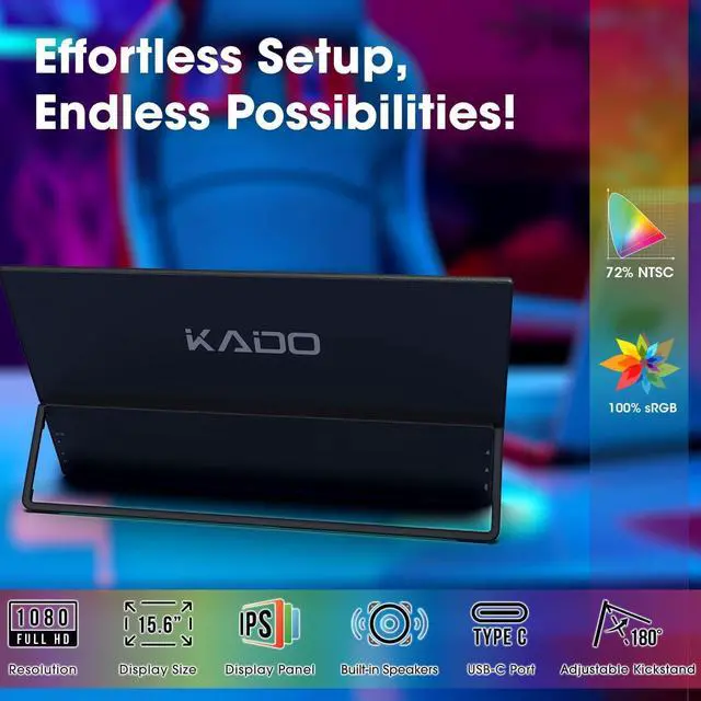 Alt view image 2 of 5 - Kado Portable Monitor 15.6'' 1080p, 100% sRGB USB-C HDMI Gaming Monitor Ultra-Slim Display Built-in Speakers, External Monitor 180° Kickstand Wall/Arm Mount for Laptop PC Phone Mac Xbox PS4/PS5 Switch