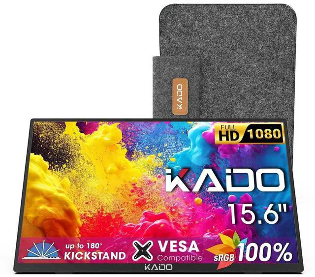 Main image of Kado Portable Monitor 15.6'' 1080p, 100% sRGB USB-C HDMI Gaming Monitor Ultra-Slim Display Built-in Speakers, External Monitor 180° Kickstand Wall/Arm Mount for Laptop PC Phone Mac Xbox PS4/PS5 Switch