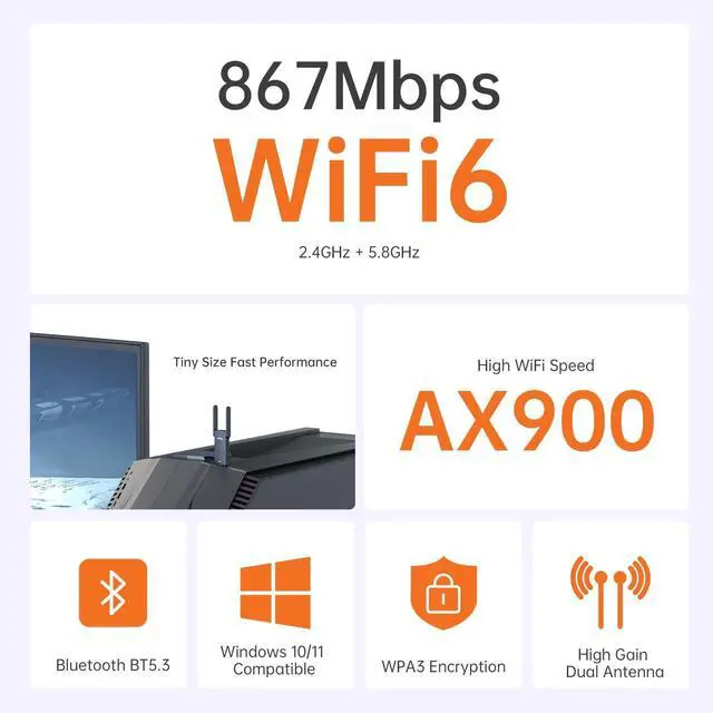 Alt view image 3 of 5 - PLERY USB WiFi Adapter for Desktop PC, AX900 Bluetooth WiFi 6 Adapter WiFi Dongle with 5Ghz 2.4GHz Dual Band Wireless Network Card, Built-in Driver for Windows 10/11, High Gain Antenna, WPA3 Security