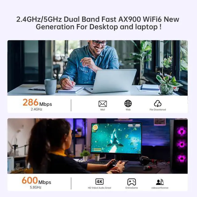 Alt view image 5 of 5 - PLERY USB WiFi Adapter for Desktop PC, AX900 Bluetooth WiFi 6 Adapter WiFi Dongle with 5Ghz 2.4GHz Dual Band Wireless Network Card, Built-in Driver for Windows 10/11, High Gain Antenna, WPA3 Security