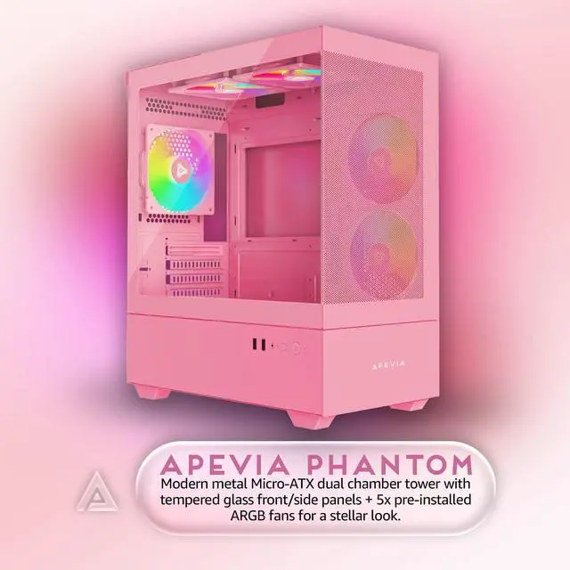 Alt view image 2 of 5 - Apevia Phantom-MESH-PK Phantom Micro-ATX Dual-Chamber Mesh Gaming PC Case w/ 5X 120mm ARGB Fans, 366 RGB Modes, Mesh Airflow Performance Front Panel, 240mm Radiator Support, 2X USB3.0, HD Audio, Pink