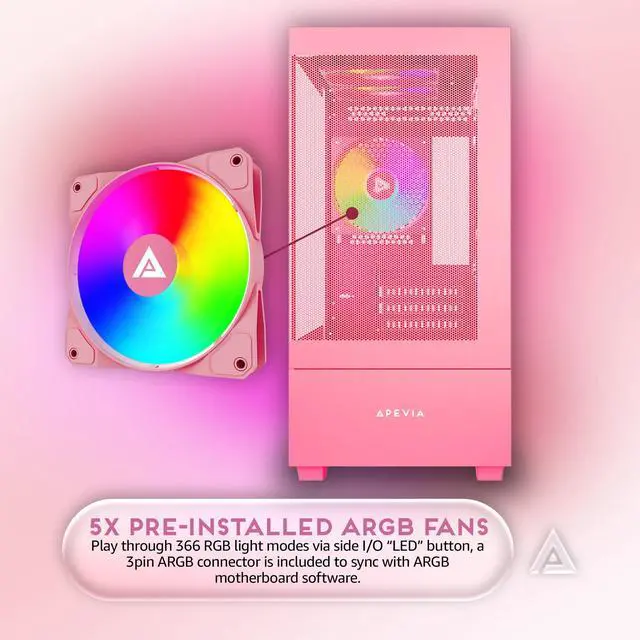 Alt view image 3 of 5 - Apevia Phantom-MESH-PK Phantom Micro-ATX Dual-Chamber Mesh Gaming PC Case w/ 5X 120mm ARGB Fans, 366 RGB Modes, Mesh Airflow Performance Front Panel, 240mm Radiator Support, 2X USB3.0, HD Audio, Pink
