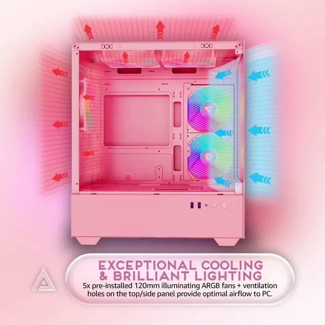 Alt view image 4 of 5 - Apevia Phantom-MESH-PK Phantom Micro-ATX Dual-Chamber Mesh Gaming PC Case w/ 5X 120mm ARGB Fans, 366 RGB Modes, Mesh Airflow Performance Front Panel, 240mm Radiator Support, 2X USB3.0, HD Audio, Pink