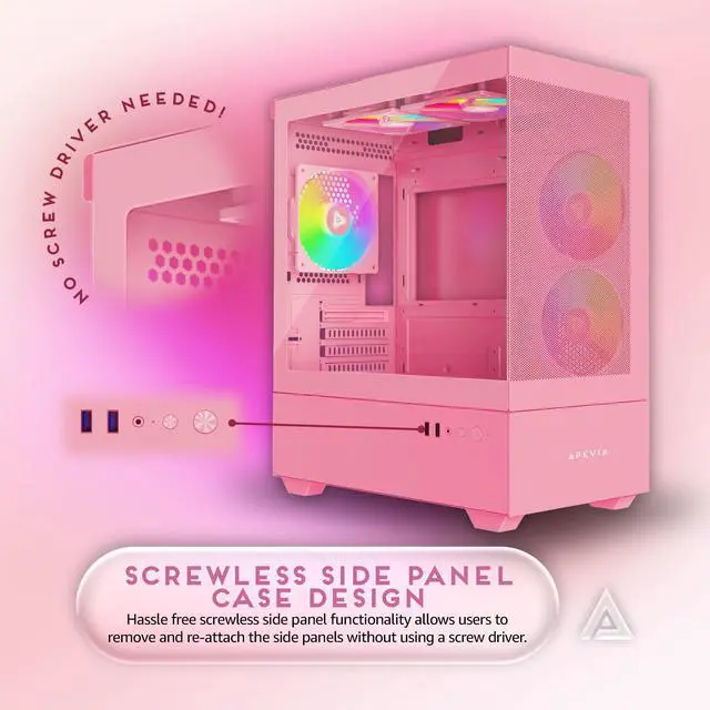 Alt view image 5 of 5 - Apevia Phantom-MESH-PK Phantom Micro-ATX Dual-Chamber Mesh Gaming PC Case w/ 5X 120mm ARGB Fans, 366 RGB Modes, Mesh Airflow Performance Front Panel, 240mm Radiator Support, 2X USB3.0, HD Audio, Pink