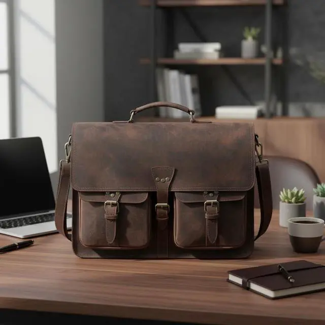 Alt view image 3 of 5 - Vintage Leather Messenger Bag for Men & Women, Multi-Pocket Briefcase Satchel, 16 Inch Laptop Shoulder Bag  Brown (Vintage Brown, 18 inch Large)