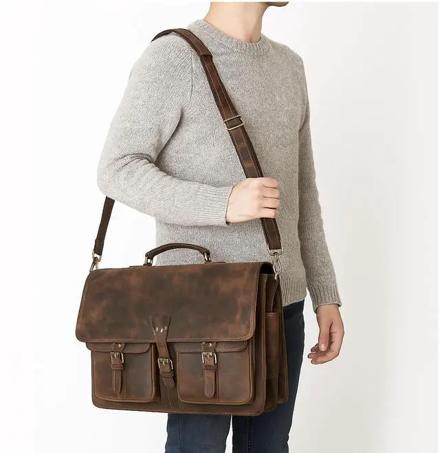 Alt view image 5 of 5 - Vintage Leather Messenger Bag for Men & Women, Multi-Pocket Briefcase Satchel, 16 Inch Laptop Shoulder Bag  Brown (Vintage Brown, 18 inch Large)