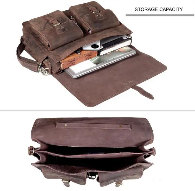 Alt view image 4 of 5 - Vintage Leather Messenger Bag for Men & Women, Multi-Pocket Briefcase Satchel, 16 Inch Laptop Shoulder Bag  Brown (Vintage Brown, 18 inch Large)