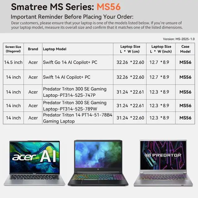 Alt view image 2 of 5 - Smatree MS56 Hard EVA Protective Sleeve with Stand Compatible for 14 inch Acer Swift 14 AI Copilot+PC, for 14.5 inch Acer Swift Go 14 AI Copilot+PC, for 14inch Predator Triton 300 SE PT314/Triton 14